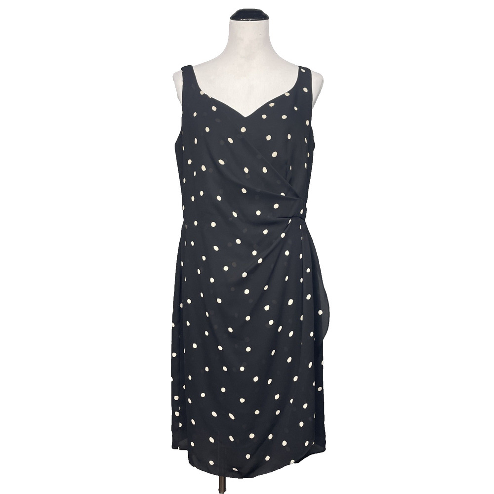 Vtg David Warren Faux Wrap Dress Black White Polka Dot Sz 14 Sweetheart Neckline
